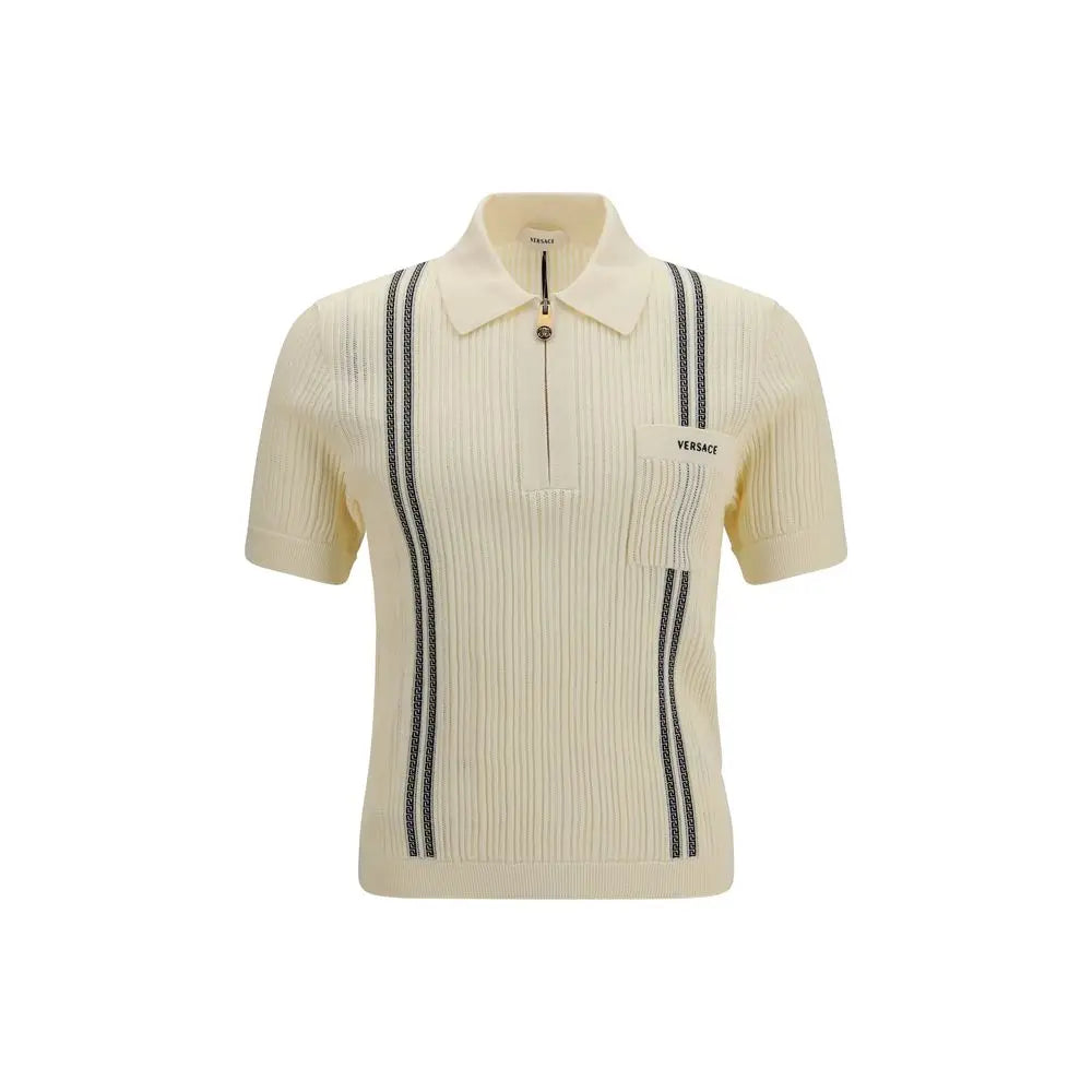 Polo beige versace en coton avec côtes et rayures verticales noires avec patch logo sur la poitrine