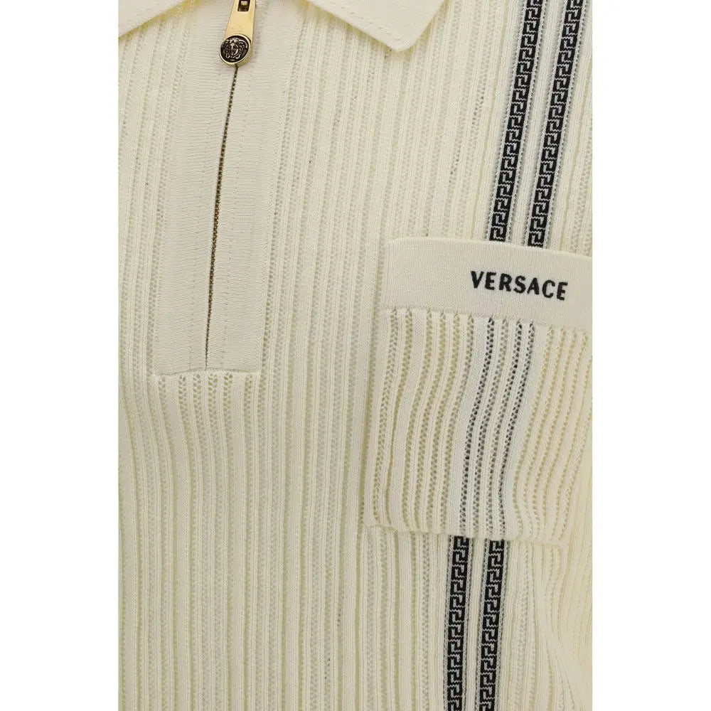 Versace beige polo en coton côtelé crème avec bordure motif grec noir et zip logo doré