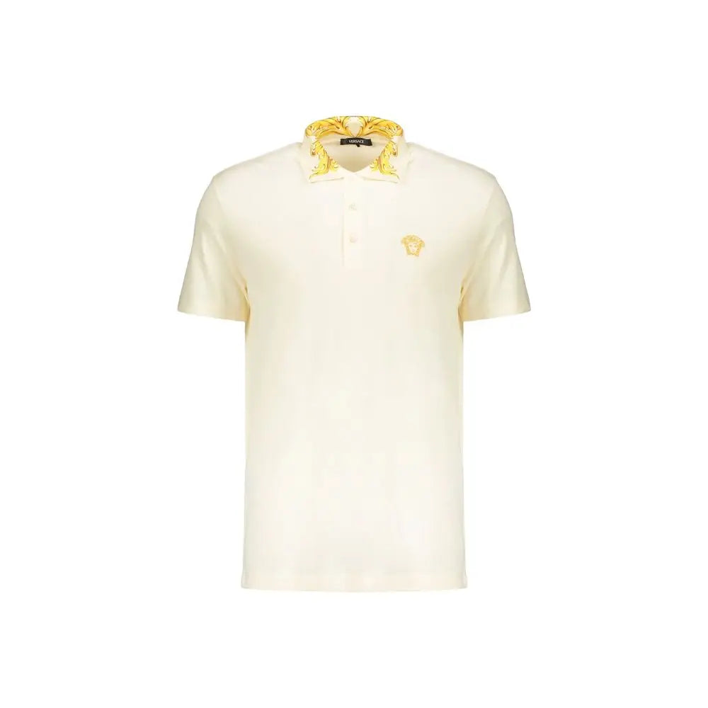 Polo versace bicolor en coton couleur crème avec broderie tête de méduse dorée sur col et poitrine