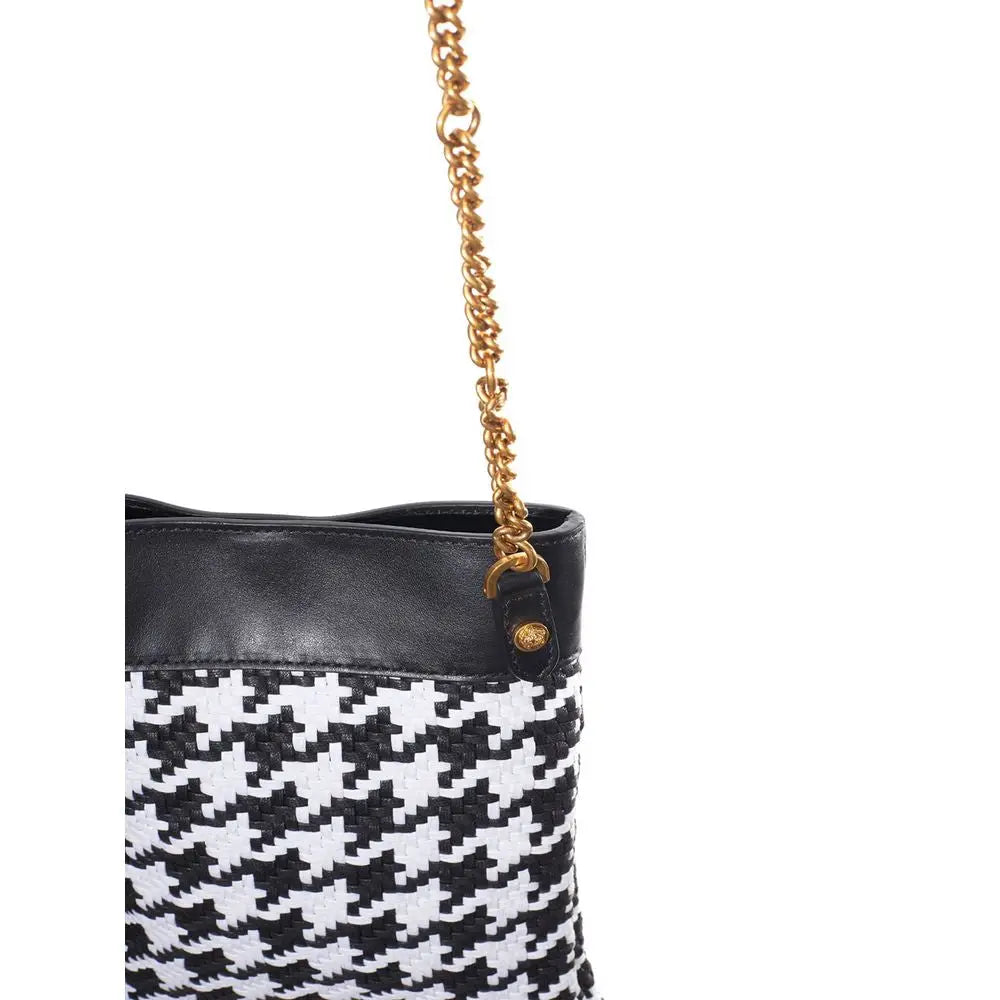 Versace black and white leather and textile shoulder bag with houndstooth pattern and gold-tone chain strap