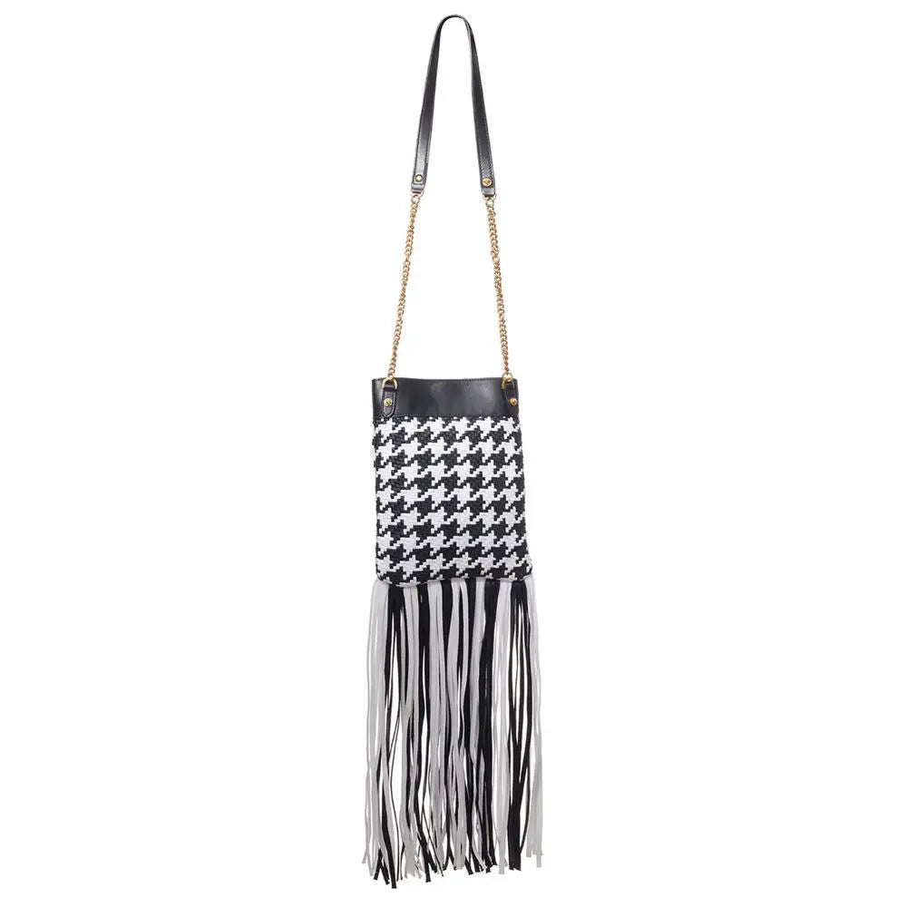 Versace sac bandoulière noir et blanc en cuir et textile avec motif pied-de-poule et détails à franges