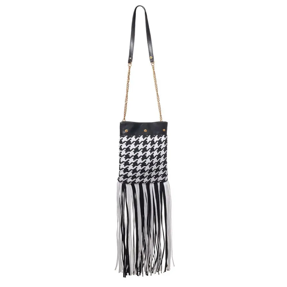Sac bandoulière versace noir et blanc en cuir et textile avec motif pied-de-poule et détails à franges