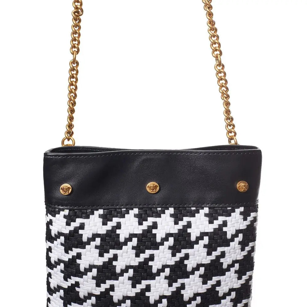 Sac à bandoulière versace noir et blanc en cuir et textile tissé pied-de-poule avec chaîne dorée et tête de méduse