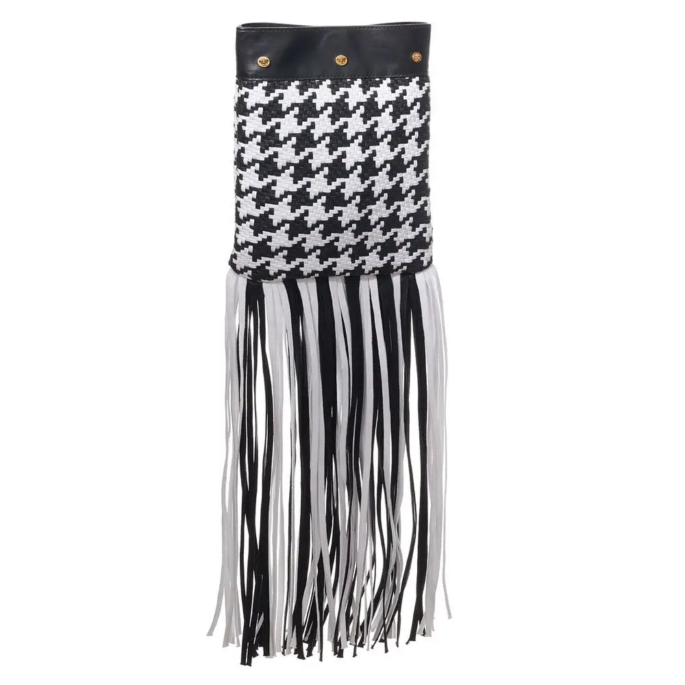 Sac à bandoulière versace en cuir noir et textile avec haut tissé pied-de-poule noir et blanc à franges noires, argentées et blanches