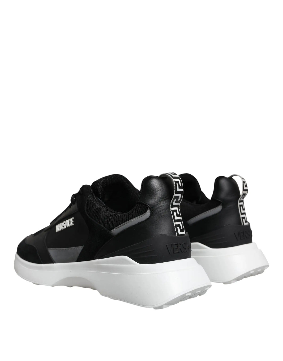 Versace black canvas quad fabric medusa low top sneaker shoes with bold white sole and greek key pattern on heel tab back side