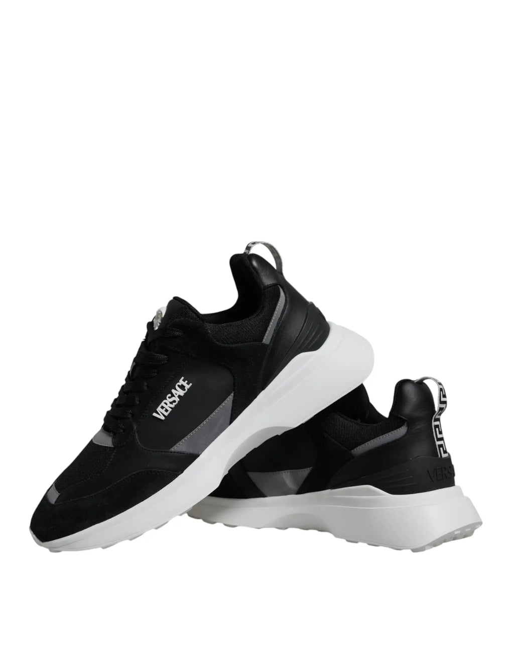 Versace black canvas quad fabric medusa low top sneaker shoes with white soles and gray accents