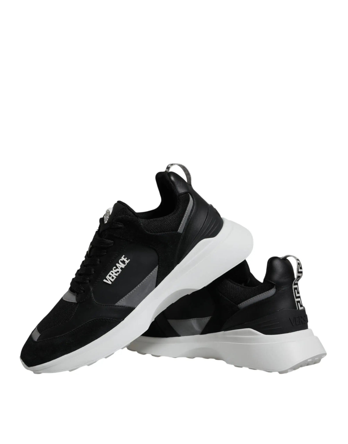 Versace black canvas quad fabric medusa low top sneaker shoes with white soles and gray accents