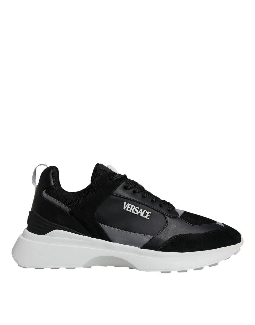Sneakers versace noires en toile avec semelle blanche épaisse et accents gris contrastants modèle quad medusa basse