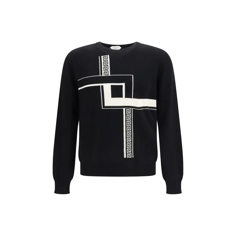 Pull versace noir en cachemire avec motif géométrique blanc audacieux et motifs grecques le long des rayures verticales