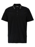 Polo Versace noir en coton avec col rayé blanc et argenté pour un style élégant et décontracté