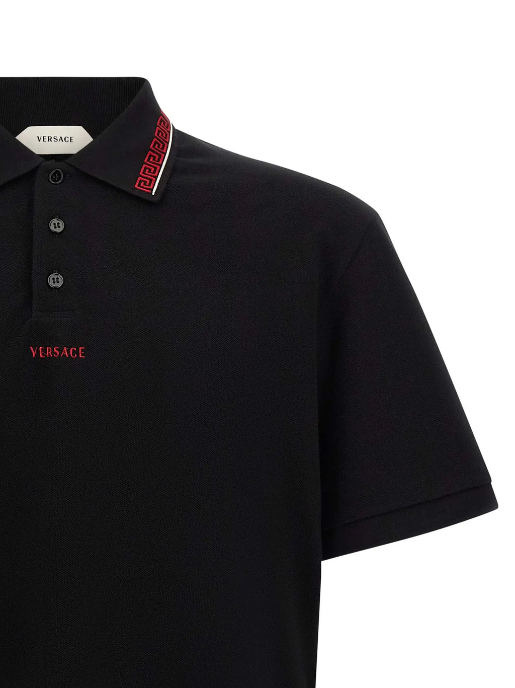 Polo versace noir en coton avec logo rouge brodé et col à motif distinctif