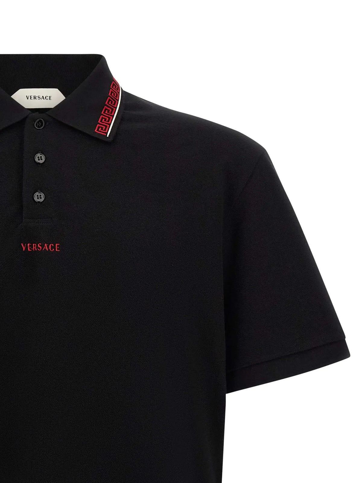 Polo versace noir en coton avec logo rouge brodé et col à motif distinctif