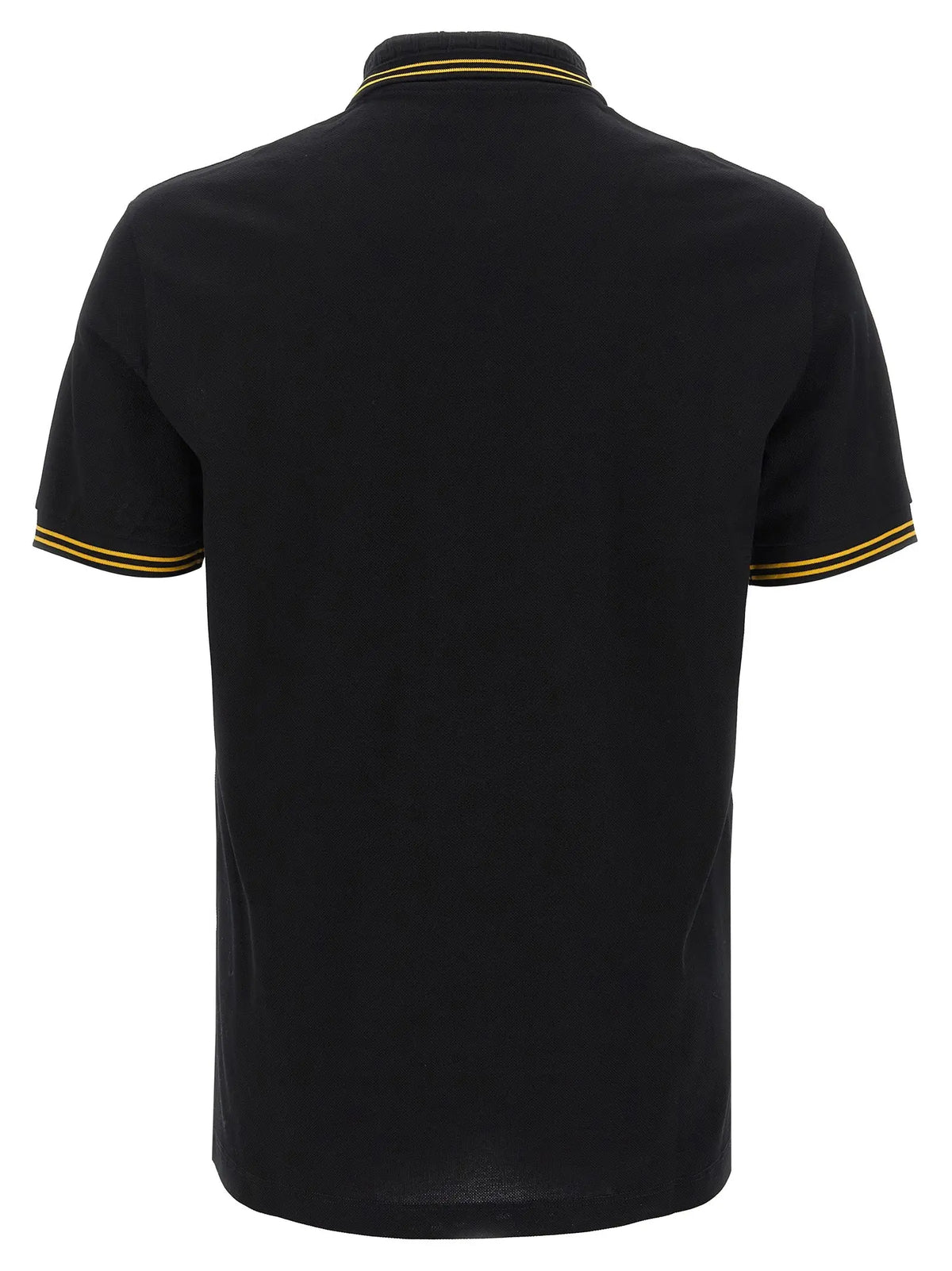 Versace polo shirt noir en coton avec manches courtes et finition dorée sur col et poignets