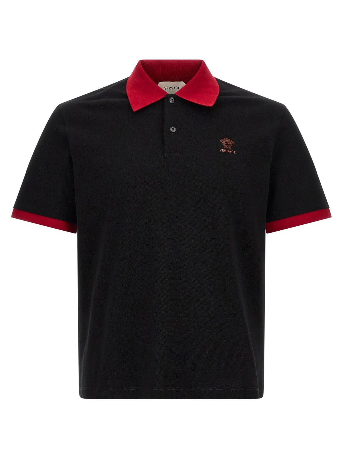 Versace black cotton polo shirt with red collar and sleeve trim and subtle embroidered logo on the chest