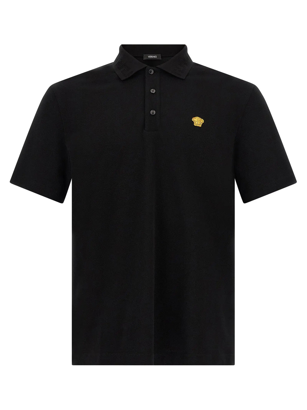 Versace black cotton polo shirt with gold medusa head emblem on the chest and black buttons