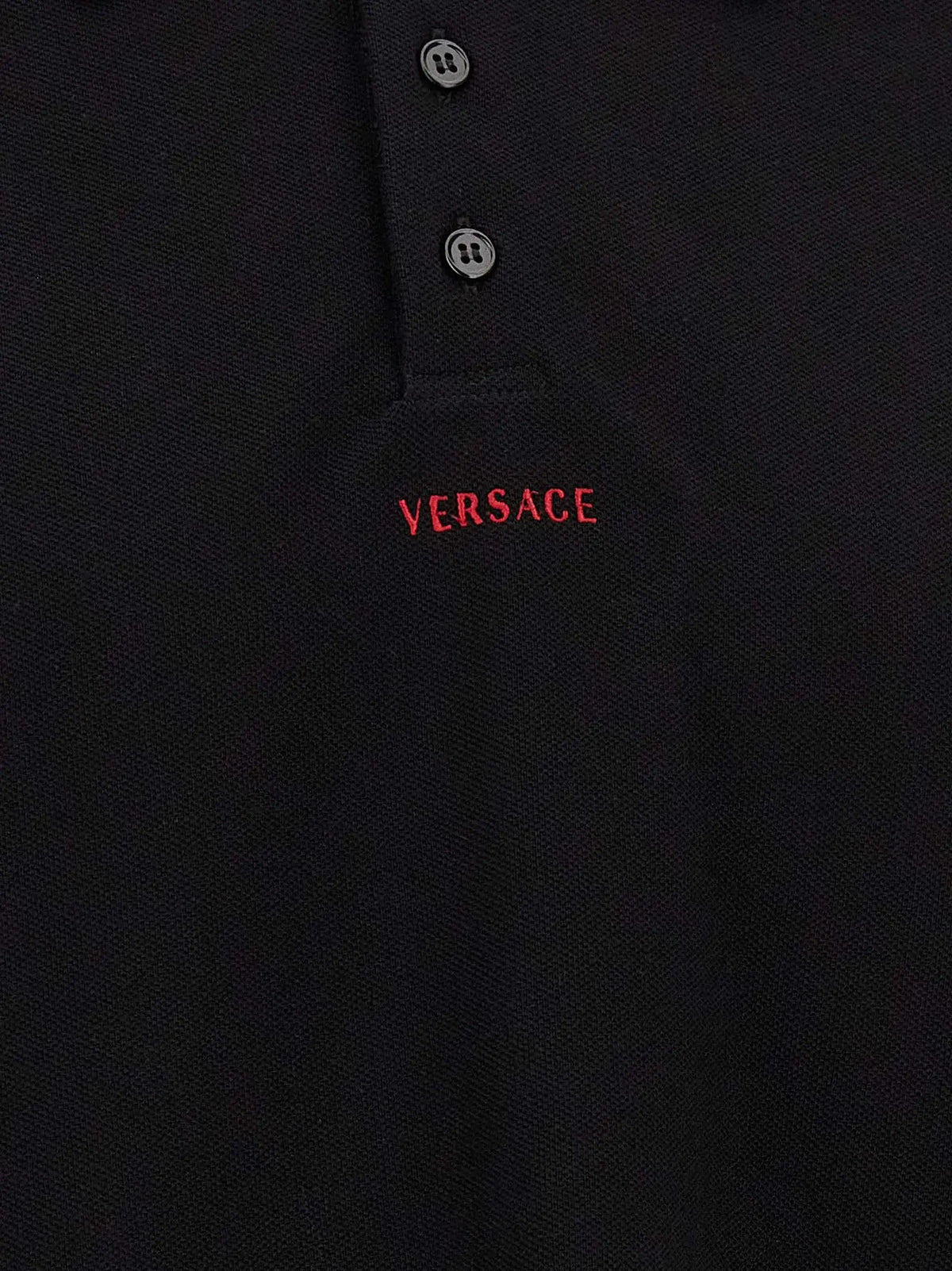 Polo versace noir en coton avec logo rouge brodé et boutons argentés