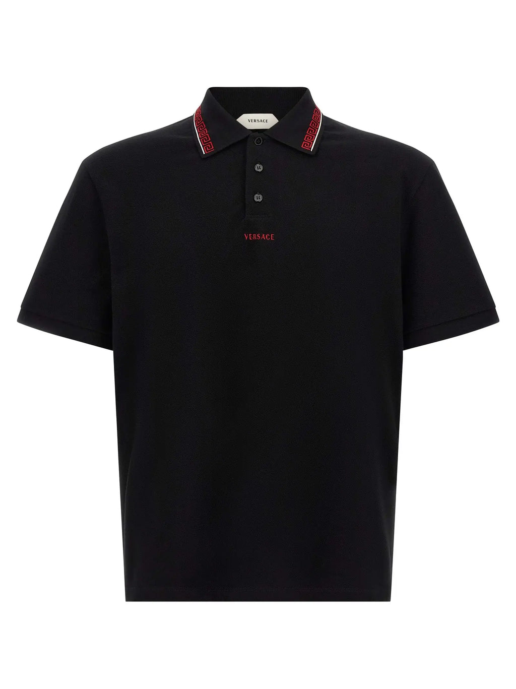 Polo versace noir en coton avec logo rouge brodé et col orné de motifs sur le bord