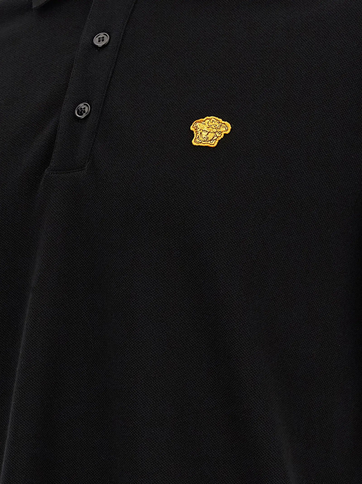 Versace black cotton polo shirt with gold embroidered medusa head logo on the chest