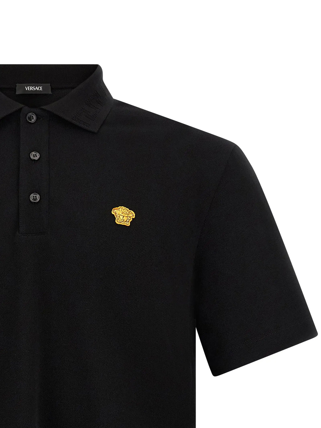 Versace black cotton polo shirt with gold embroidered medusa head on the chest