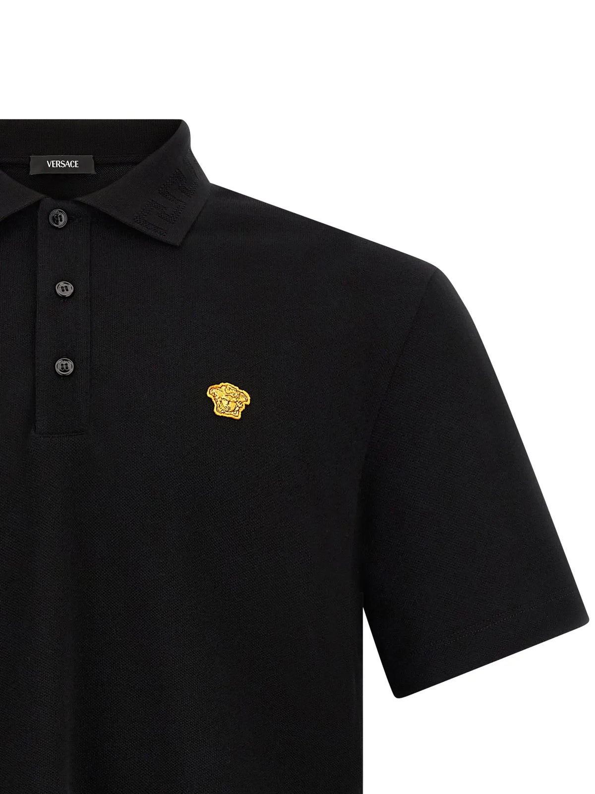 Versace black cotton polo shirt with gold embroidered medusa head on the chest