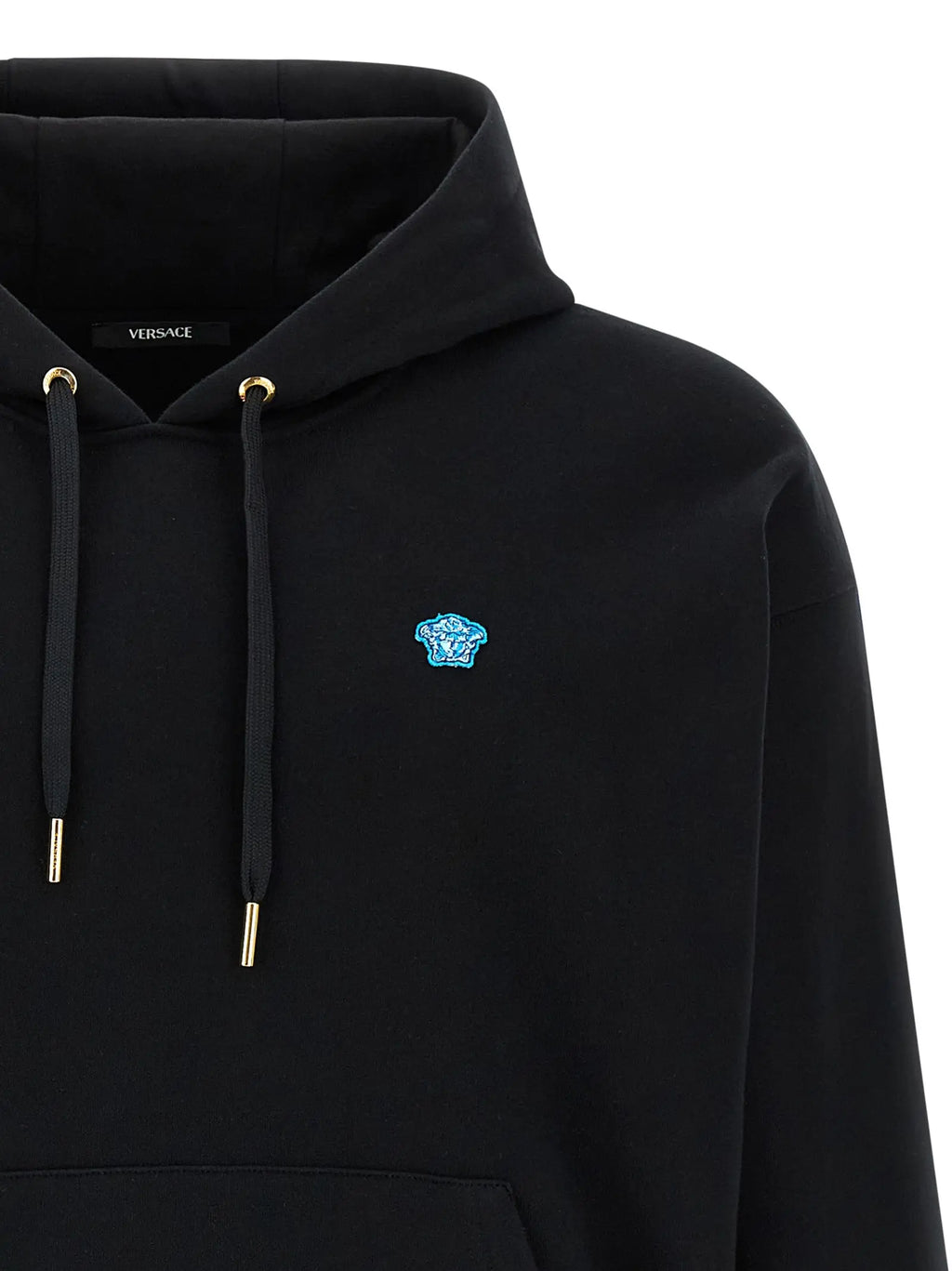 Sweatshirt coton noir versace avec logo medusa bleu vif brodé et accents métalliques dorés