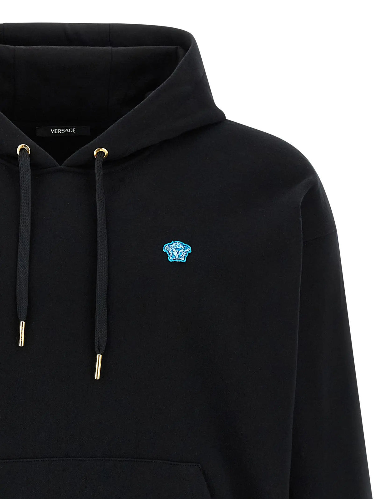 Sweatshirt coton noir versace avec logo medusa bleu vif brodé et accents métalliques dorés