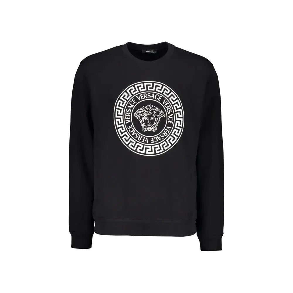 Sweatshirt versace noir en coton avec logo circulaire blanc audacieux medusa et motif grecque key