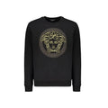 Sweatshirt versace noir en coton avec logo tete meduse brode en or et motif grec orne