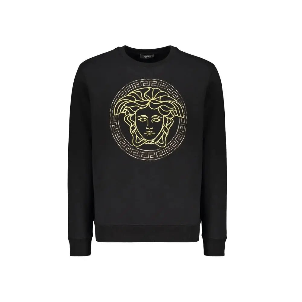 Sweatshirt versace noir en coton avec logo tete meduse brode en or et motif grec orne