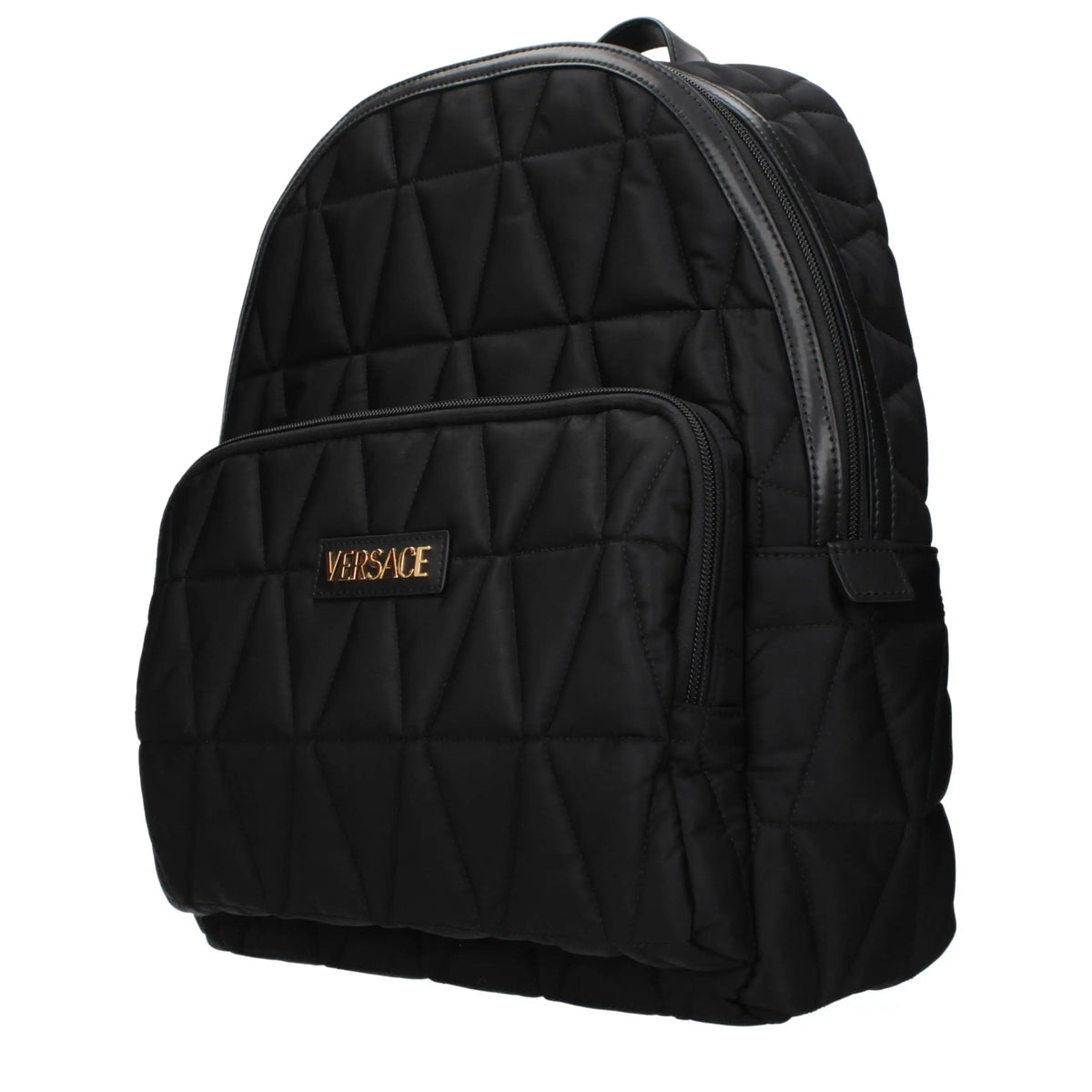 Sac à dos versace noir en tissu matelassé avec motif diamant et patch logo doré