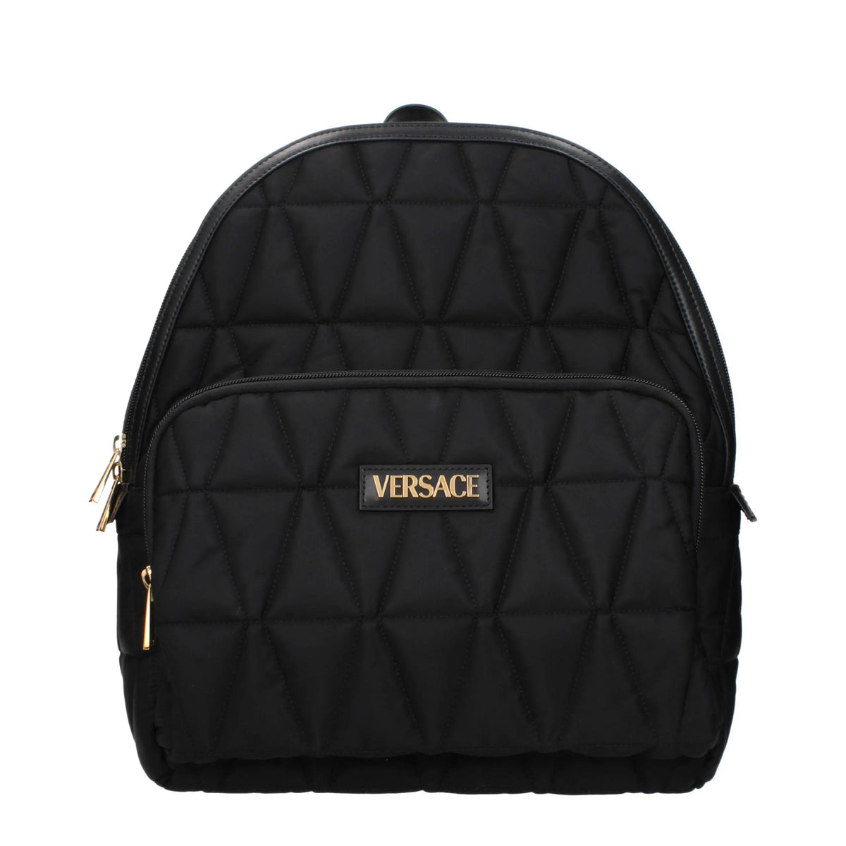 Sac à dos versace noir en tissu matelassé avec fermetures éclair dorées et plaque logo en métal doré