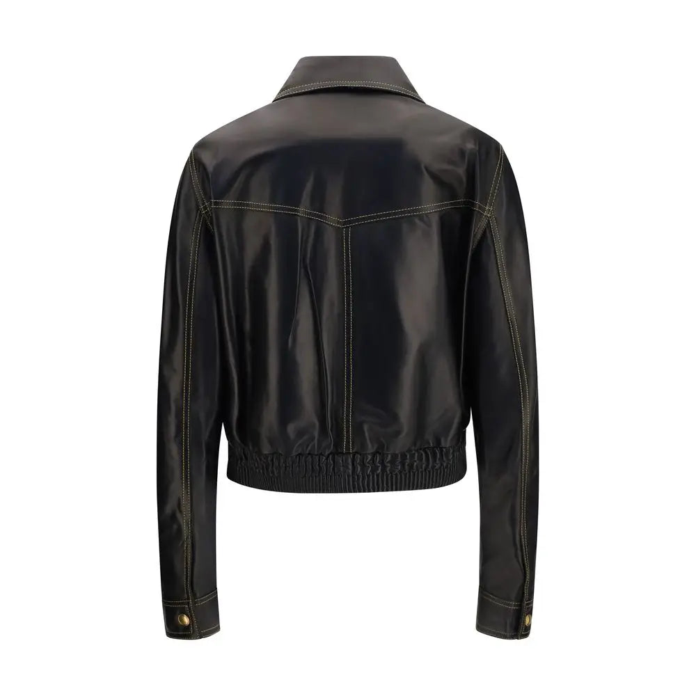 Blouson court versace noir en similicuir avec surpiqûres contrastantes et taille élastiquée