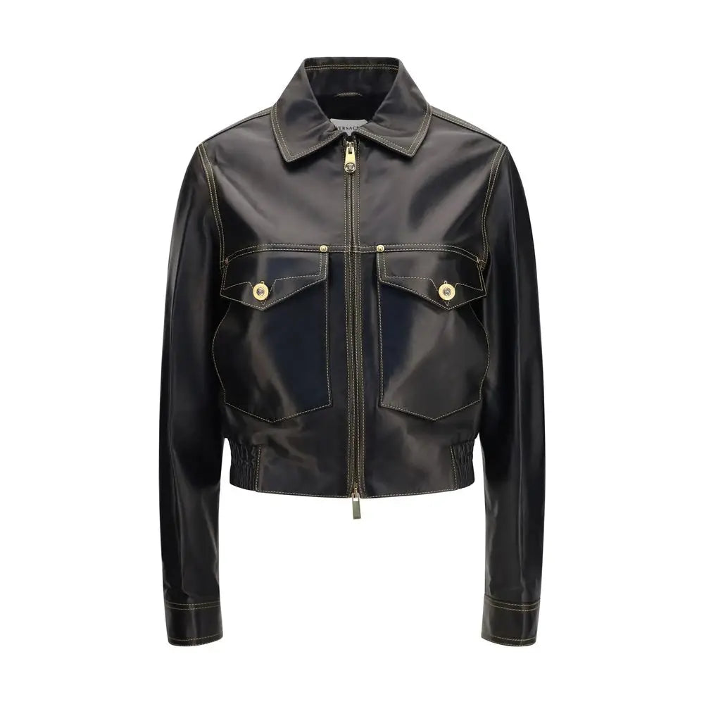 Versace black lamb ovis aries cropped jacket in black patent leather with gold-tone hardware and contrast stitching