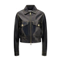 Versace black lamb ovis aries cropped jacket in black patent leather with gold-tone hardware and contrast stitching