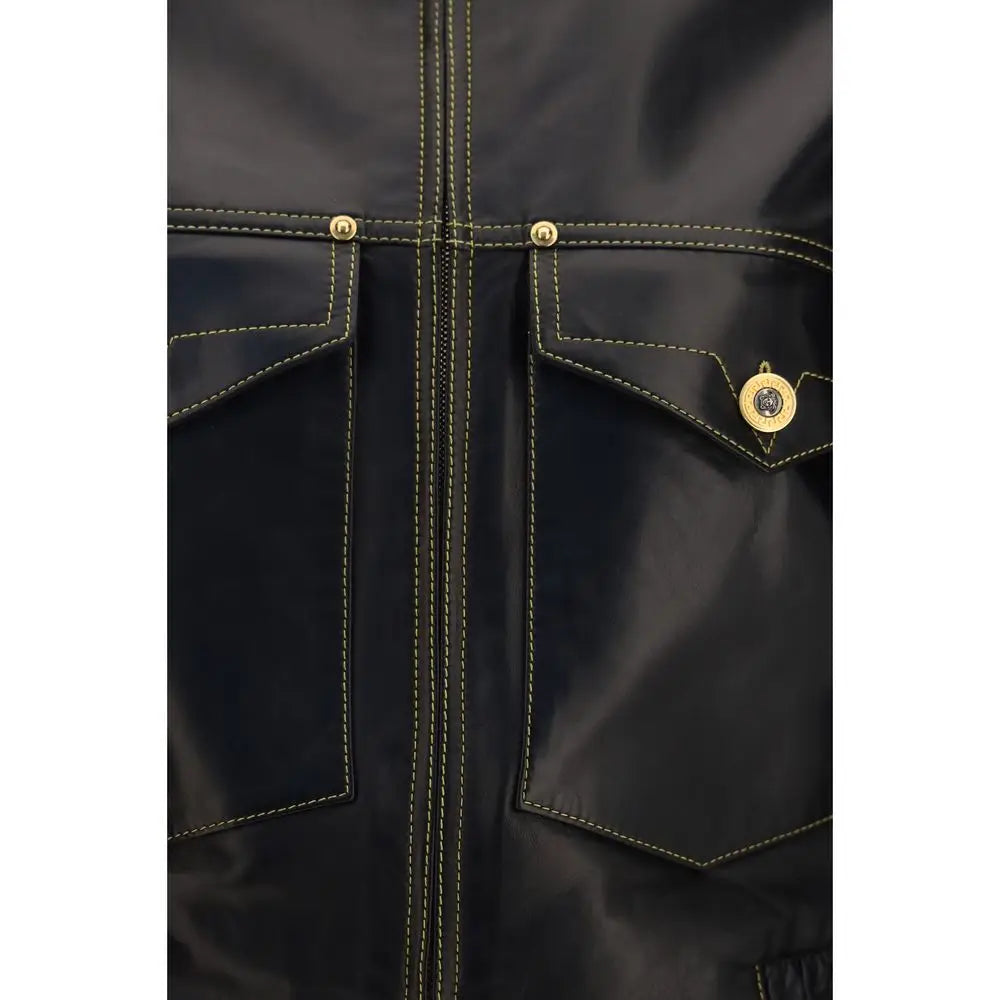 Veste versace noire en cuir dagnelle ovis aries avec garnitures dorées et surpiqûres jaunes contrastantes