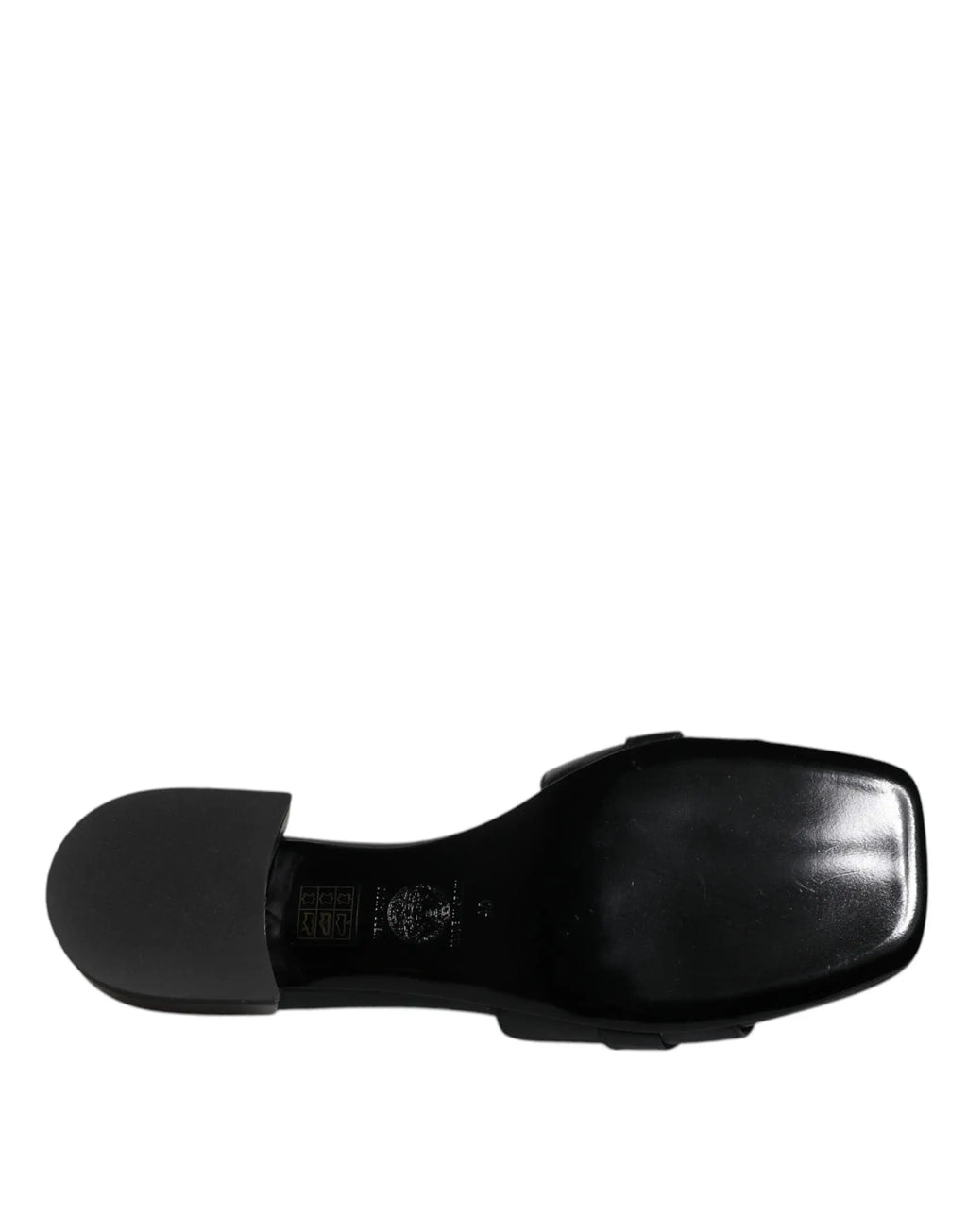 Versace black leather logo plaque slip on slides flats shoes mule en cuir verni noir bout carré talon bloc bas