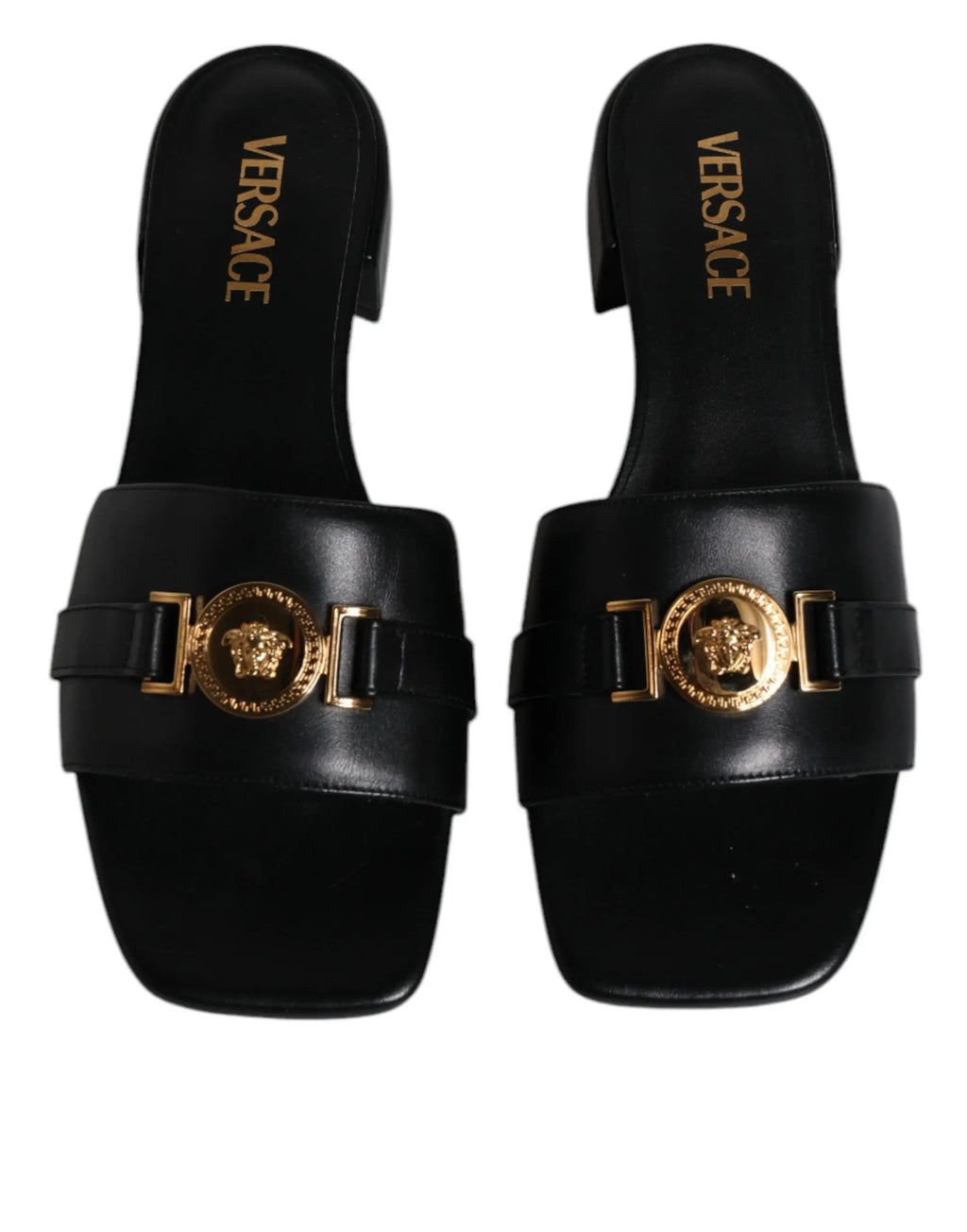 Versace slides noirs en cuir avec boucle méduse dorée logo plaque pour unport confortable et élégant