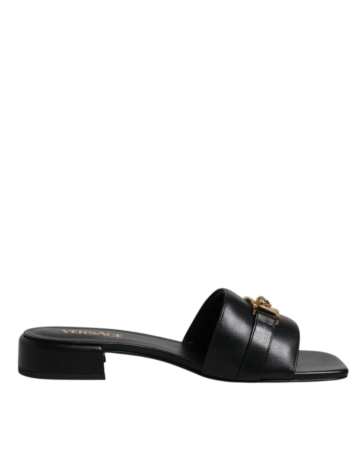 Versace noir sandale slide en cuir avec logo medusa doré plat pour femme
