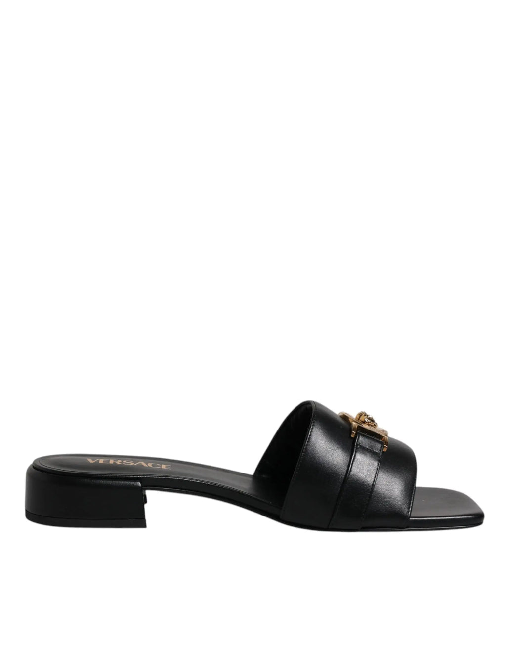 Sandales versace noires en cuir avec plaque logo medusa dorée slides plates pour femme