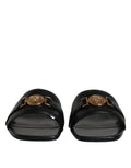 Versace black leather slide sandals with gold tone medusa head buckle flats shoes