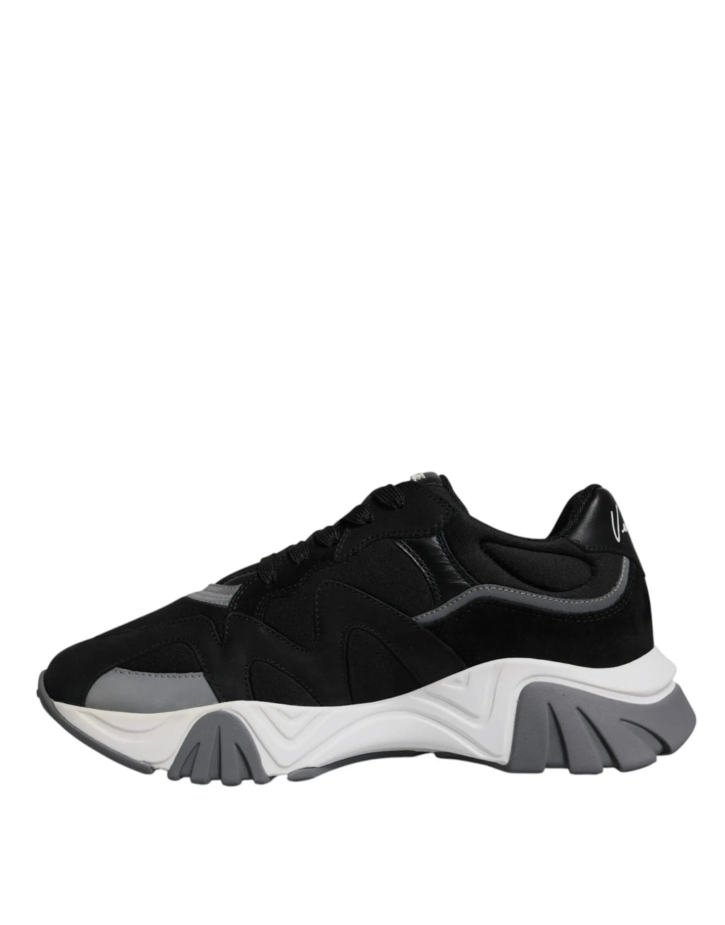 Versace squalo chaussures baskets basses chunky noires en cuir et néoprène avec semelle blanche en daim et mesh gris
