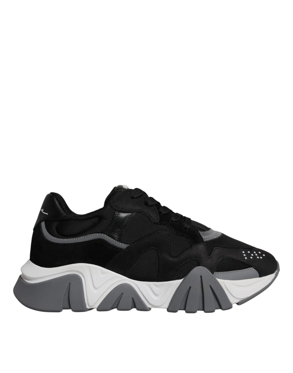 Versace black leather neoprene chunky low top sneakers with black and gray chunky sole and textured upper