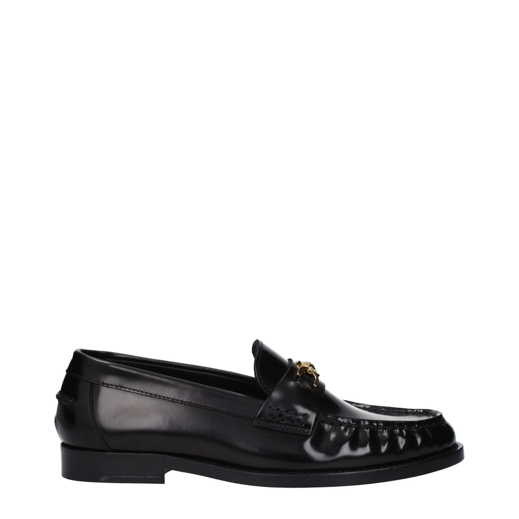 Versace black leather slip-on loafers with black patent leather and gold-tone medusa head buckle