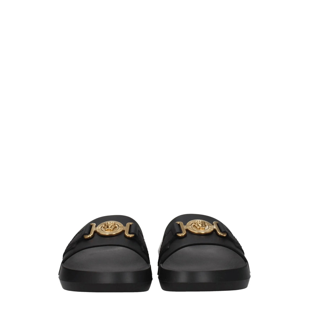 Versace black leather slippers with gold-tone medusa head emblem on the strap in black leather