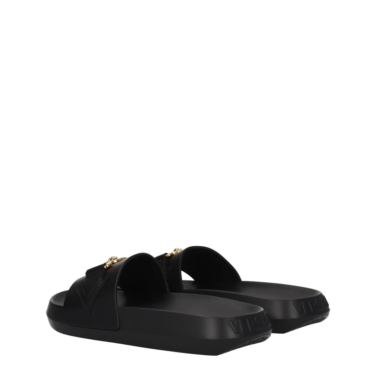 Versace black leather slippers with gold-tone medusa head hardware on black slide sandals