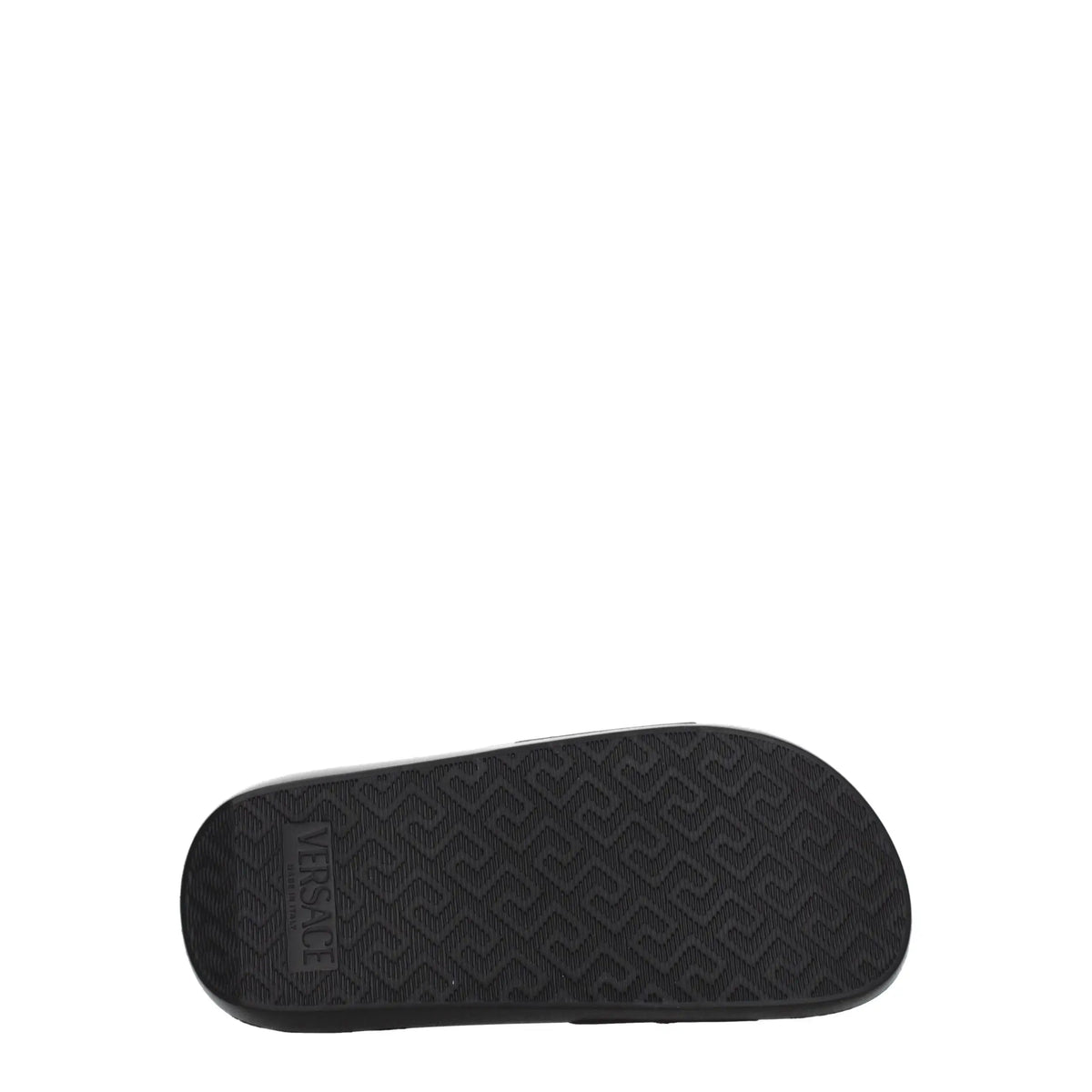 Semelle noire en caoutchouc avec logo versace en relief et motif géométrique répétitif pour slippers en cuir noir versace