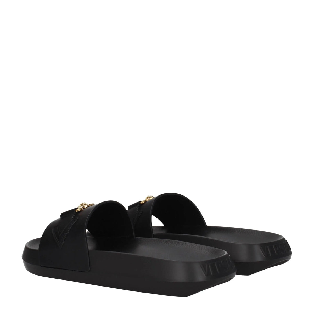 Versace black leather slippers featuring black slide sandals with gold-tone medusa head hardware