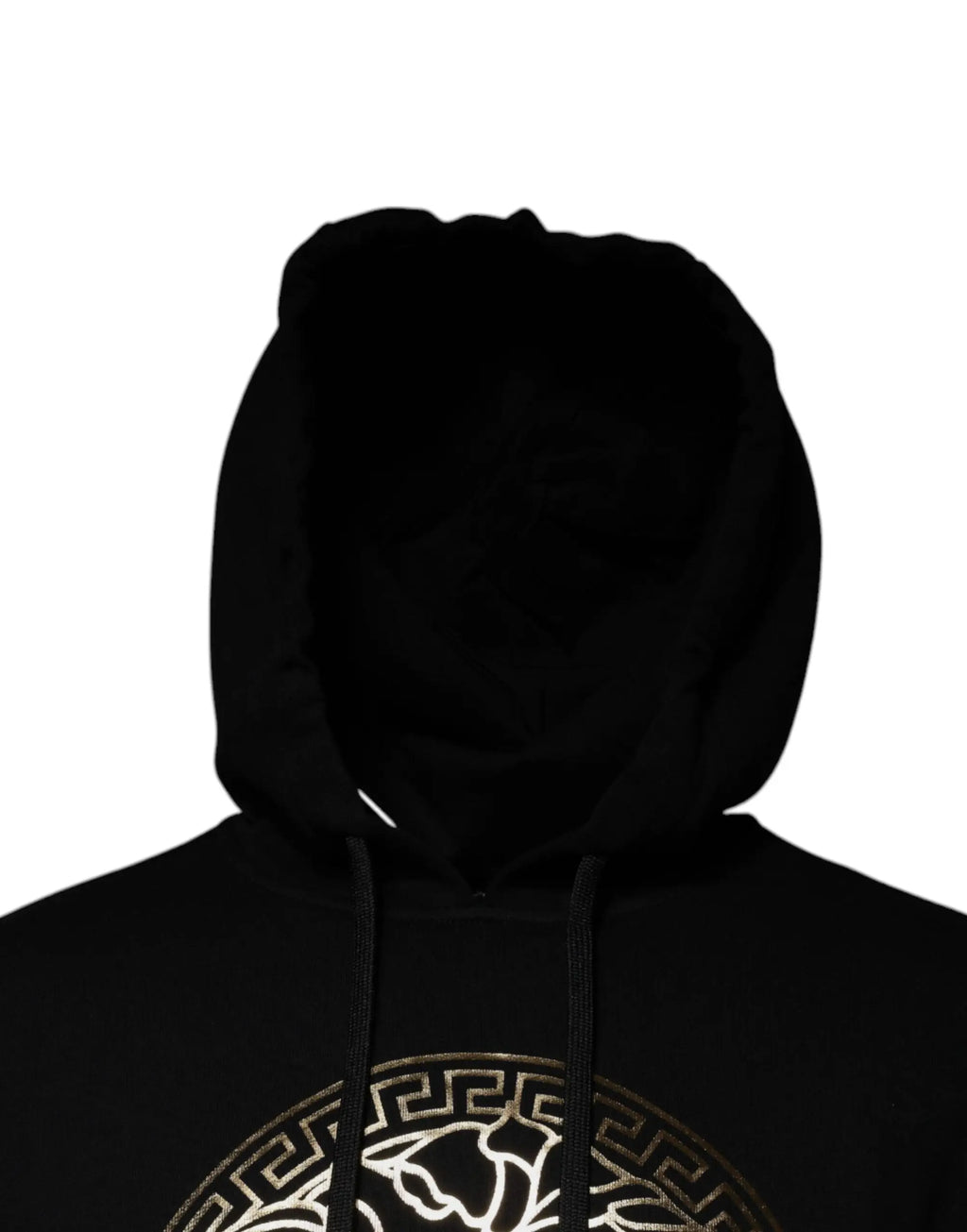 Versace sweat à capuche noir en coton avec logo tête de méduse or et blanc bordé de motif grec key