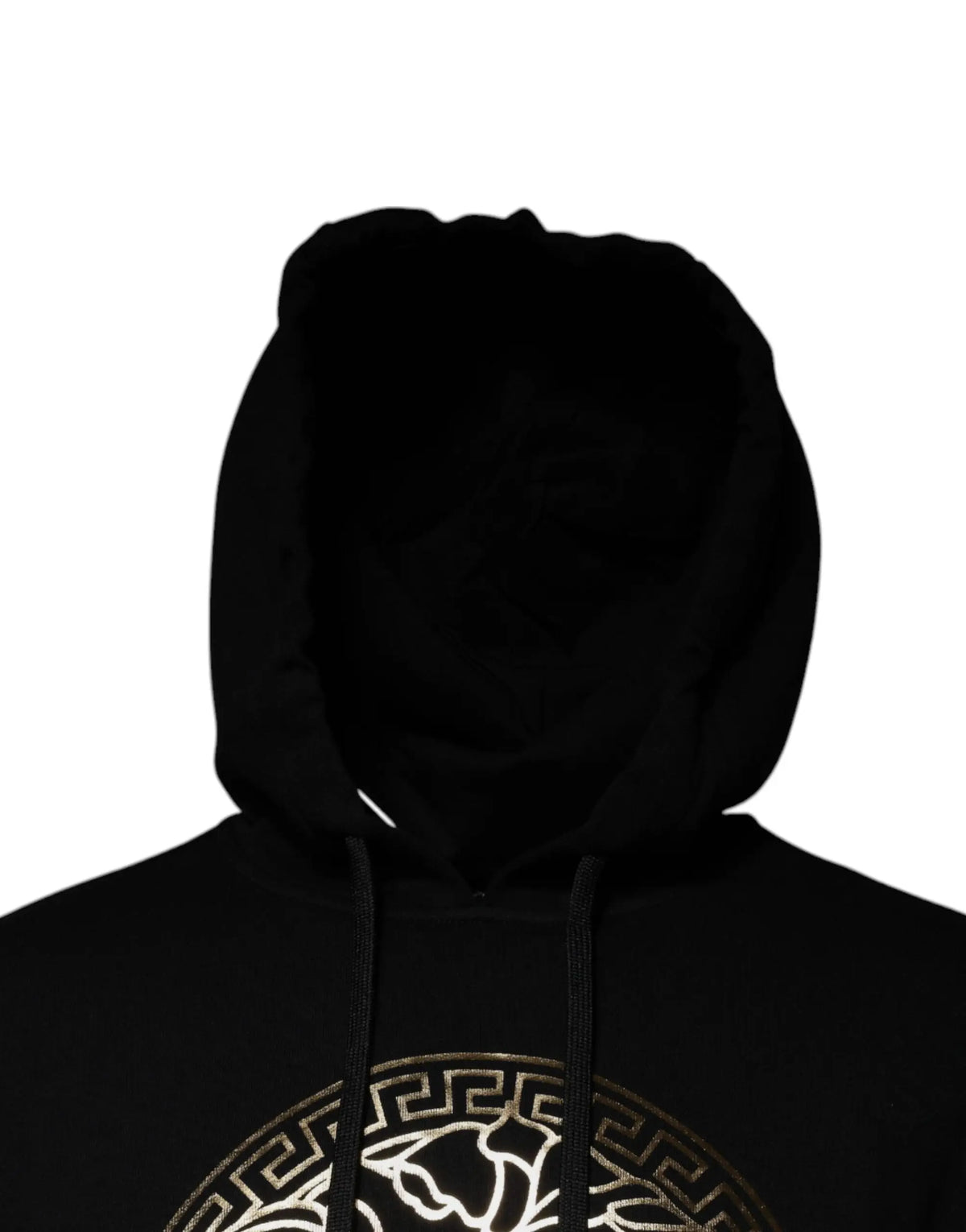 Versace sweat à capuche noir en coton avec logo tête de méduse or et blanc bordé de motif grec key