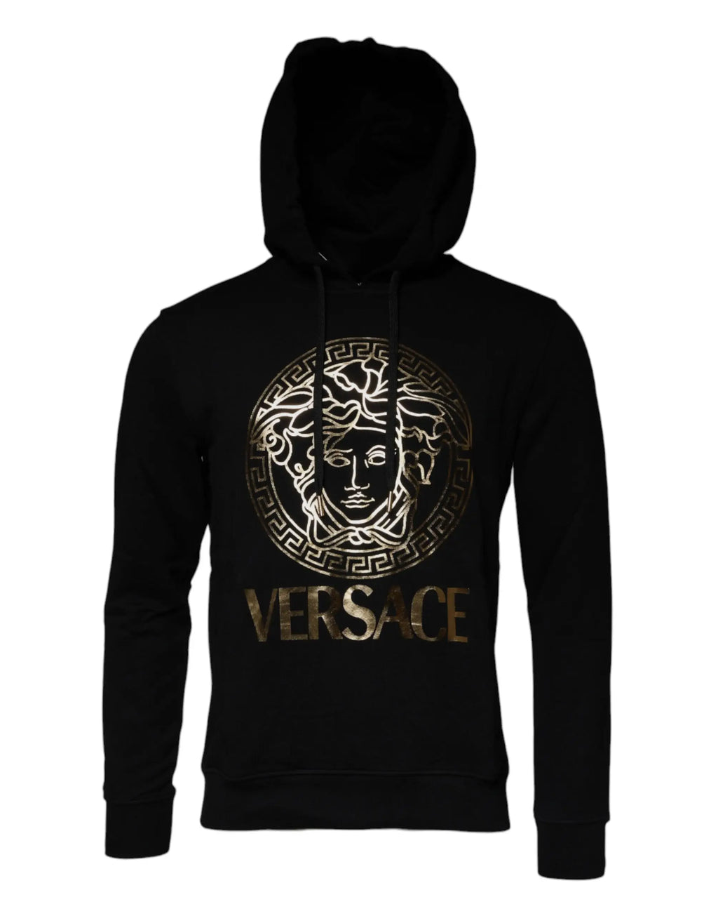 Versace black cotton hoodie with gold medusa head logo and greek key border pullover sweatshirt sweater